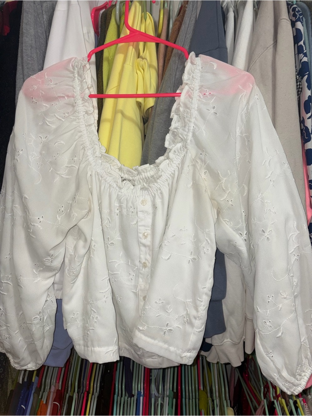 American Eagle Outfitters White Embroidered Puff-Sleeve Blouse